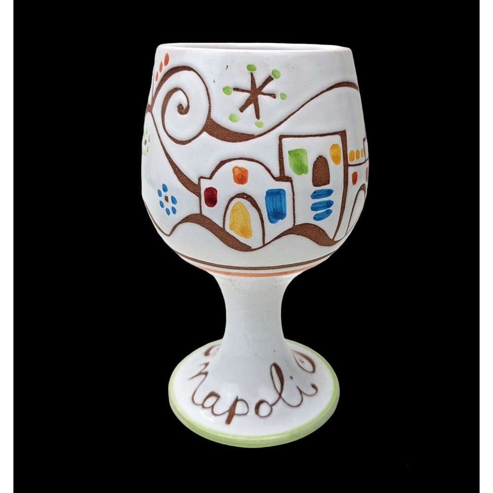 Art Pottery Wine Goblet Chalice Napoli Crete Hand Painted Stoneware White 6.25"